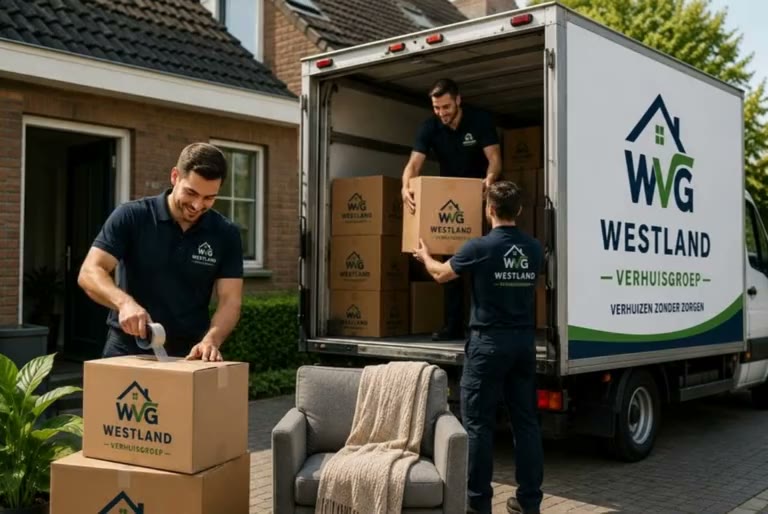 Verhuizers van Westland Verhuisgroep laden verhuisdozen in bij een woning